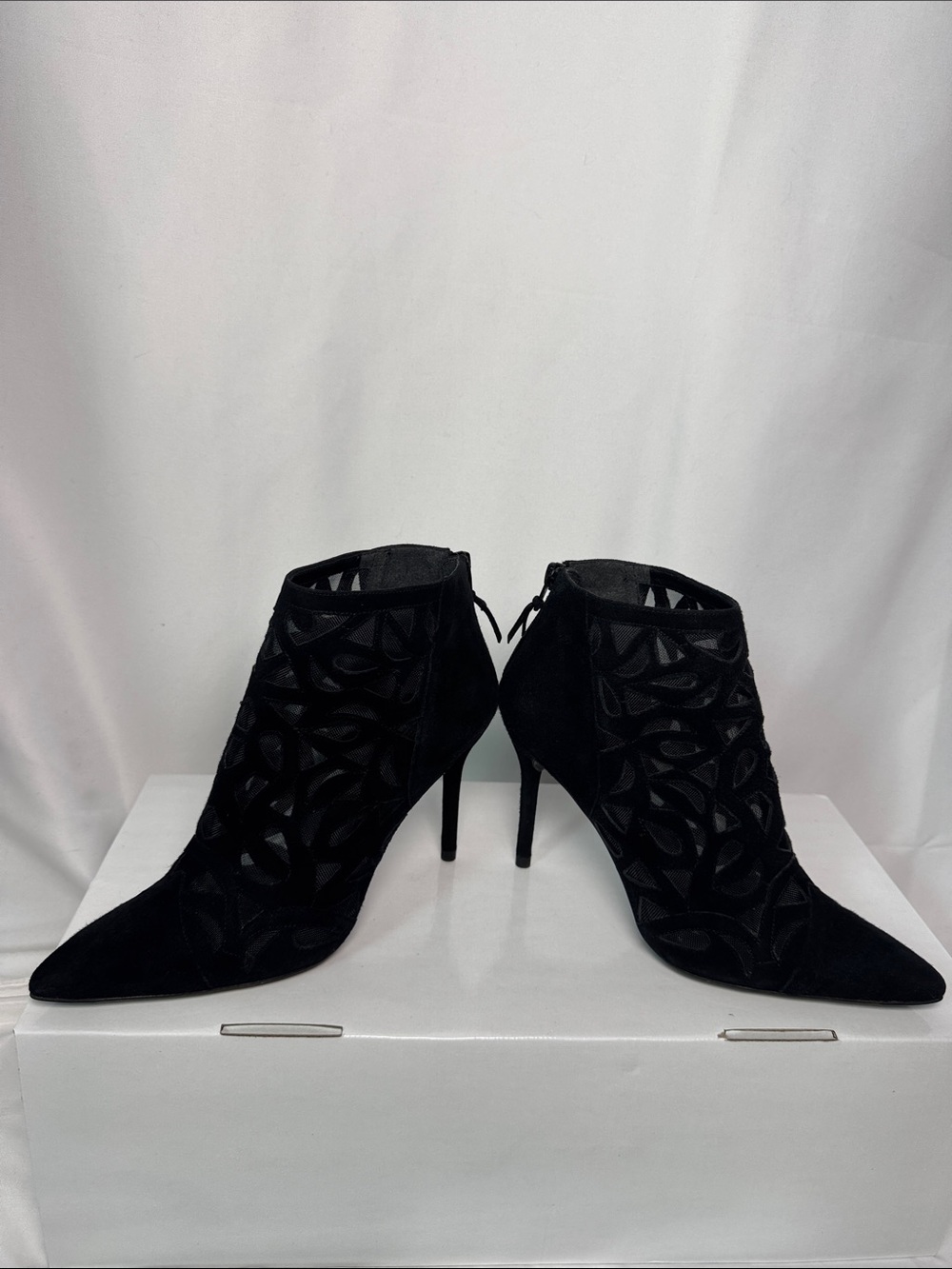 Stuart Weitzman Black Suede Pointed Toe Stiletto Ankle Boots with Cutout Overlay